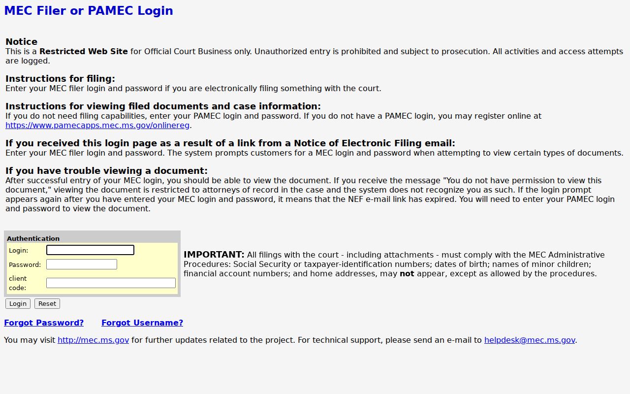 Humphreys County case search Chancery MEC login notice