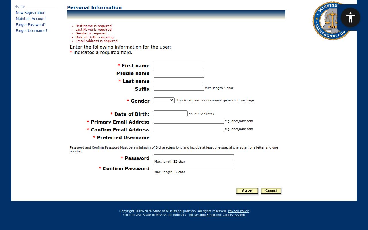 Humphreys County case search PAMEC personal registration fields